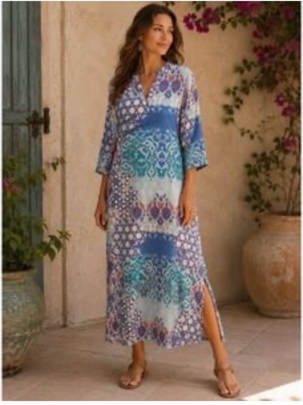Natori Abstract Blue Kaftan Maxi Dress Womens Small Coverup Resort Beach Cruise